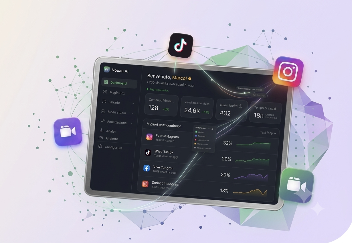 Nouau AI, dashboard dell'app con TikTok e Instagram collegati